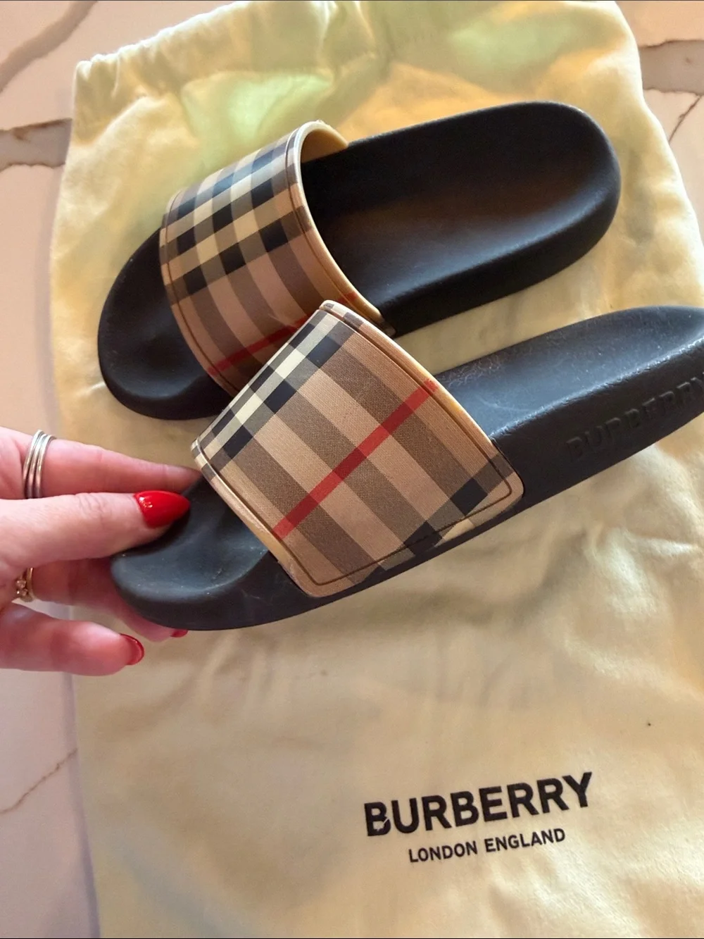 Burberry Black Slides with Beige Nova Check Strap